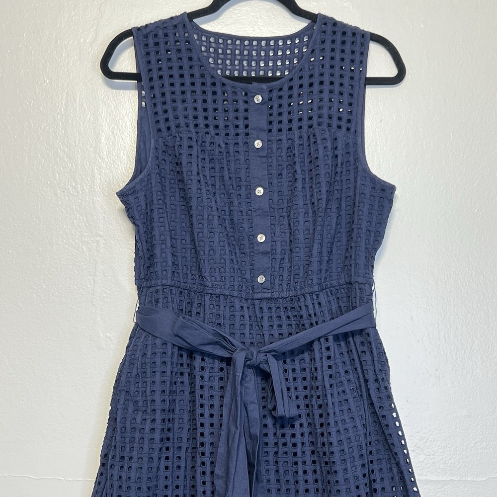 J. Crew Navy Blue Sleeveless Eyelet Dress Sz 12 A-Line‎ Flounce Hem Tie Waist - Picture 4 of 15